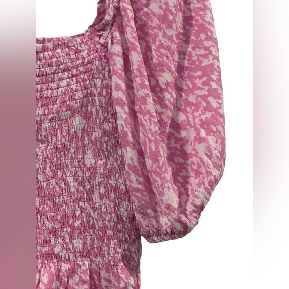 Women’s Gab Kate Smocked Ruffled Hem Puff Sleeves Pink & White Blouse: S - Picture 2 of 7